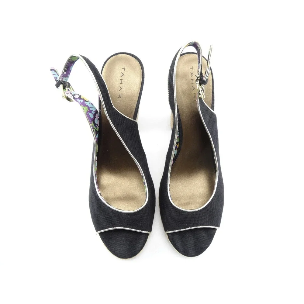 Tahari Barb Black Canvas Slingback Espadrille Shoe Jute Platform Wedge SZ‎ 9.5 M